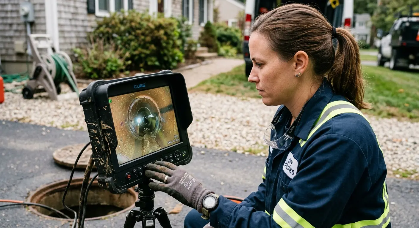 Technician reviewing sewer camera inspection footage in Hardeeville