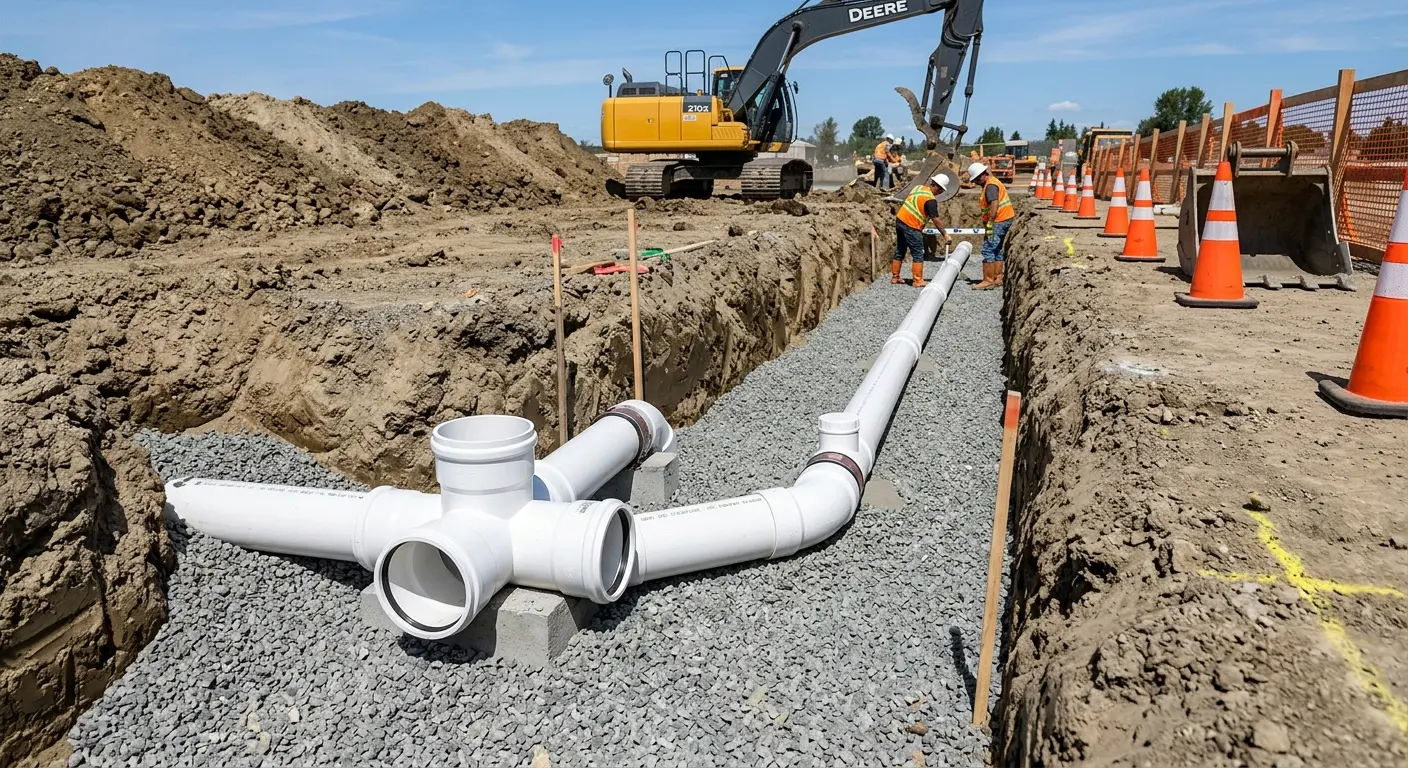 New PVC sewer pipe installation in open trench for Sewer Backup in Hardeeville