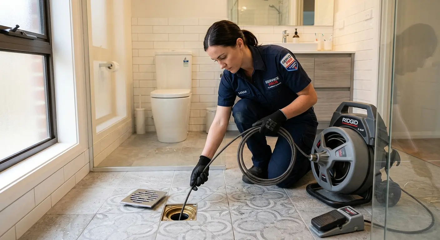 Technician clearing a bathroom floor drain for Drain Cleaning in Hardeeville